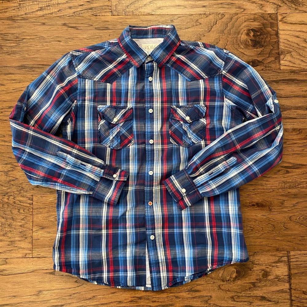 PD&C Mens Blue Red Plaid Western Button Down Shirt‎ Long Sleeve Size Large